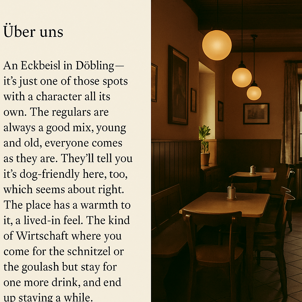 Gemütliches Interieur des Wirtshauses, dunkles Holz, weißes Tischtuch, warmes Licht